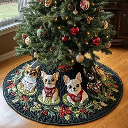 Christmas Chihuahua Magic Quilted Christmas Tree Skirt Adorable Holiday Tree Skirt for Cozy Spaces Lovely Holiday Tree Skirt for Festive Vibes