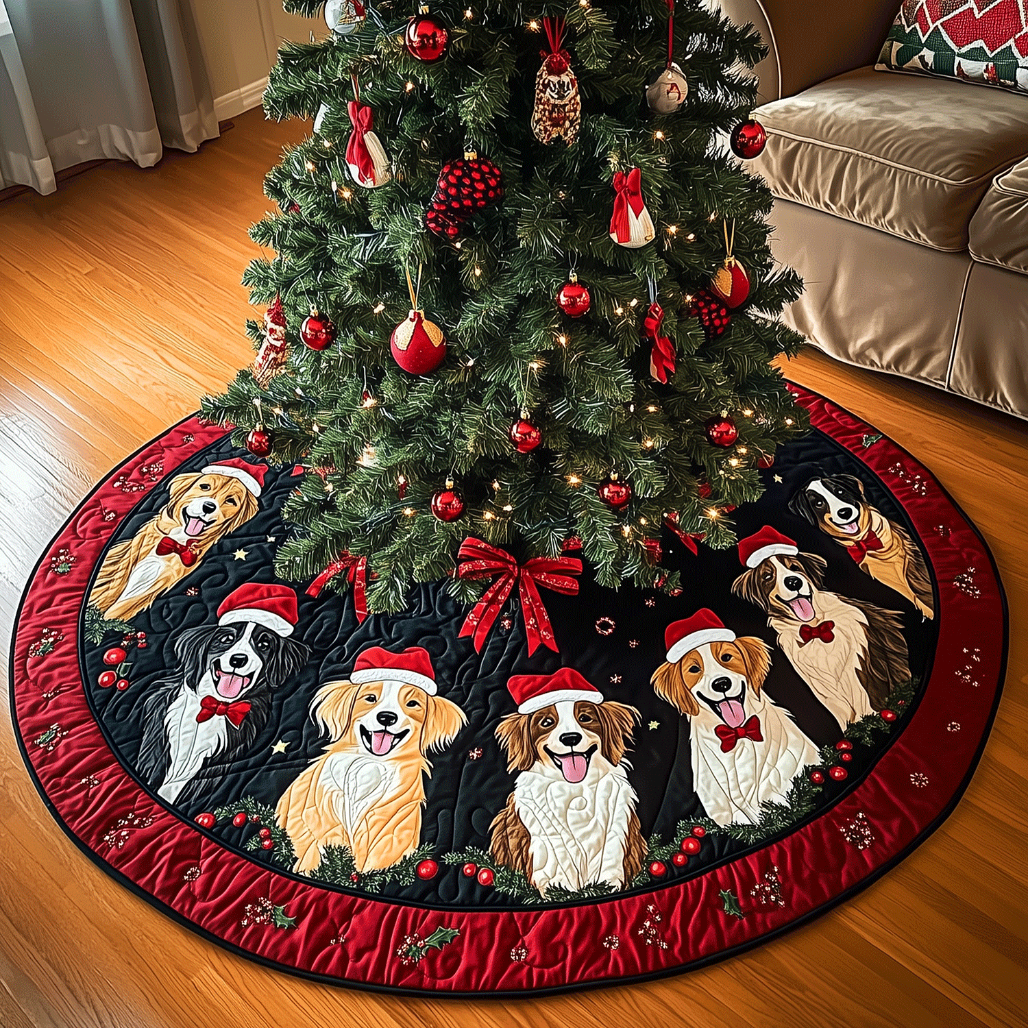 Christmas Canine Celebration Quilted Christmas Tree Skirt Special Holiday Tree Skirt Gift for Newlyweds
