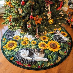 Catnap In The Sunflowers Quilted Christmas Tree Skirt Custom Christmas Tree Skirt Merch for Your Family