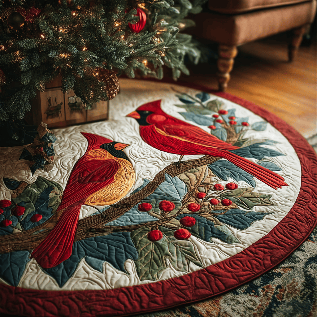 Cardinal Nest Christmas Quilted Tree Skirt Must Have Holiday Merch for Christmas Decor