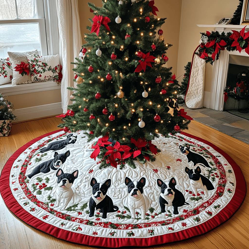 Boston Terrier Wrapped In Lights Christmas Quilted Tree Skirt Meaningful Christmas Gift to Warm the Heart