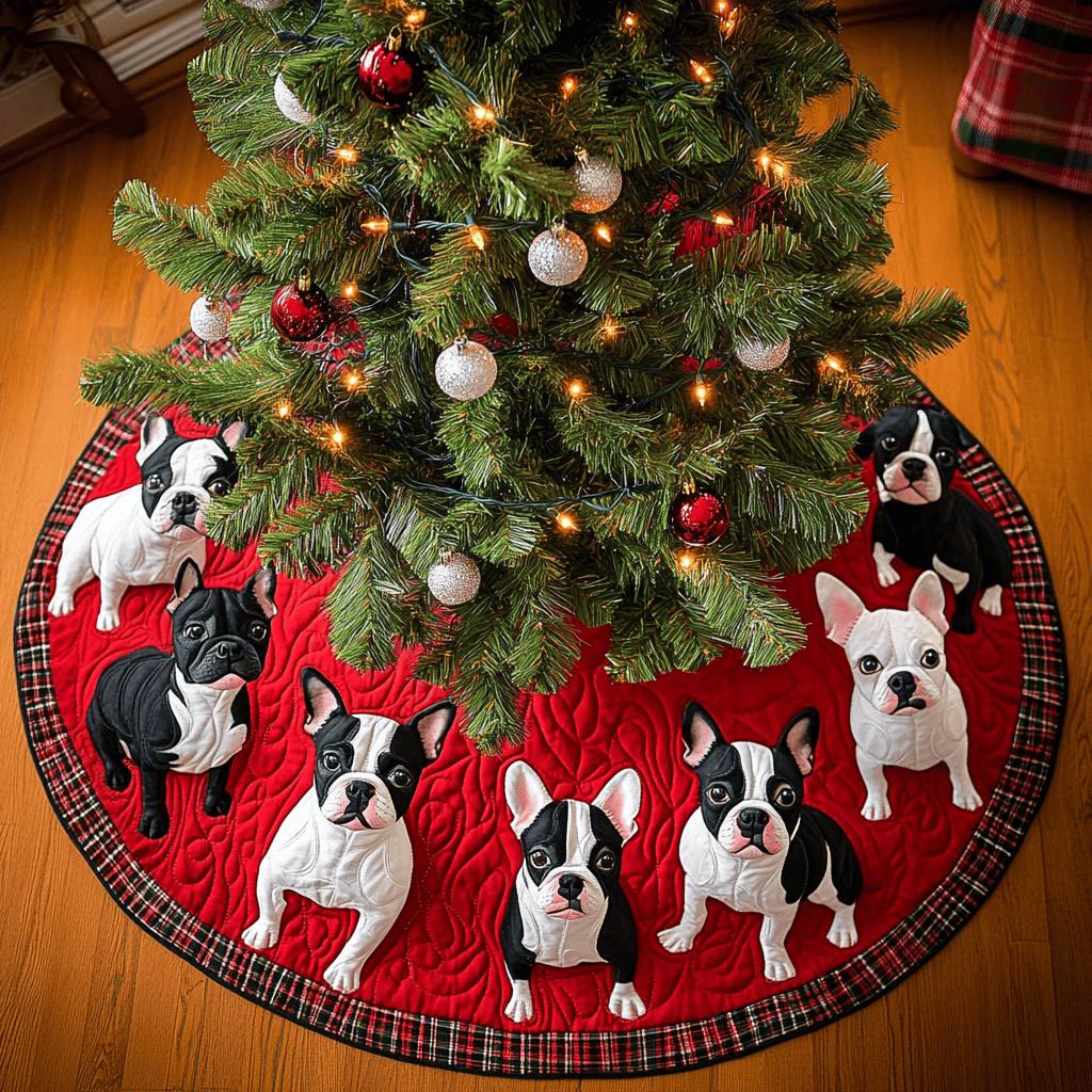 Boston Terrier Snowy Christmas Christmas Quilted Tree Skirt Perfect Holiday Gift for Home Decor Lovers