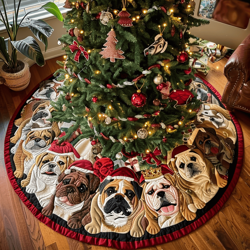 Bulldog Sleigh Ride Christmas Quilted Tree Skirt Custom Christmas Tree Skirt Merch for Your Family