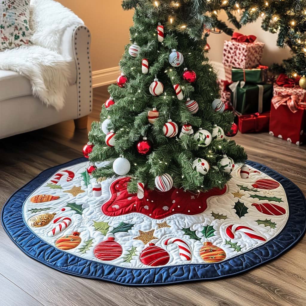 Candy Stripe Delight Christmas Quilted Tree Skirt Magical Christmas Tree Skirt to Impress Guests