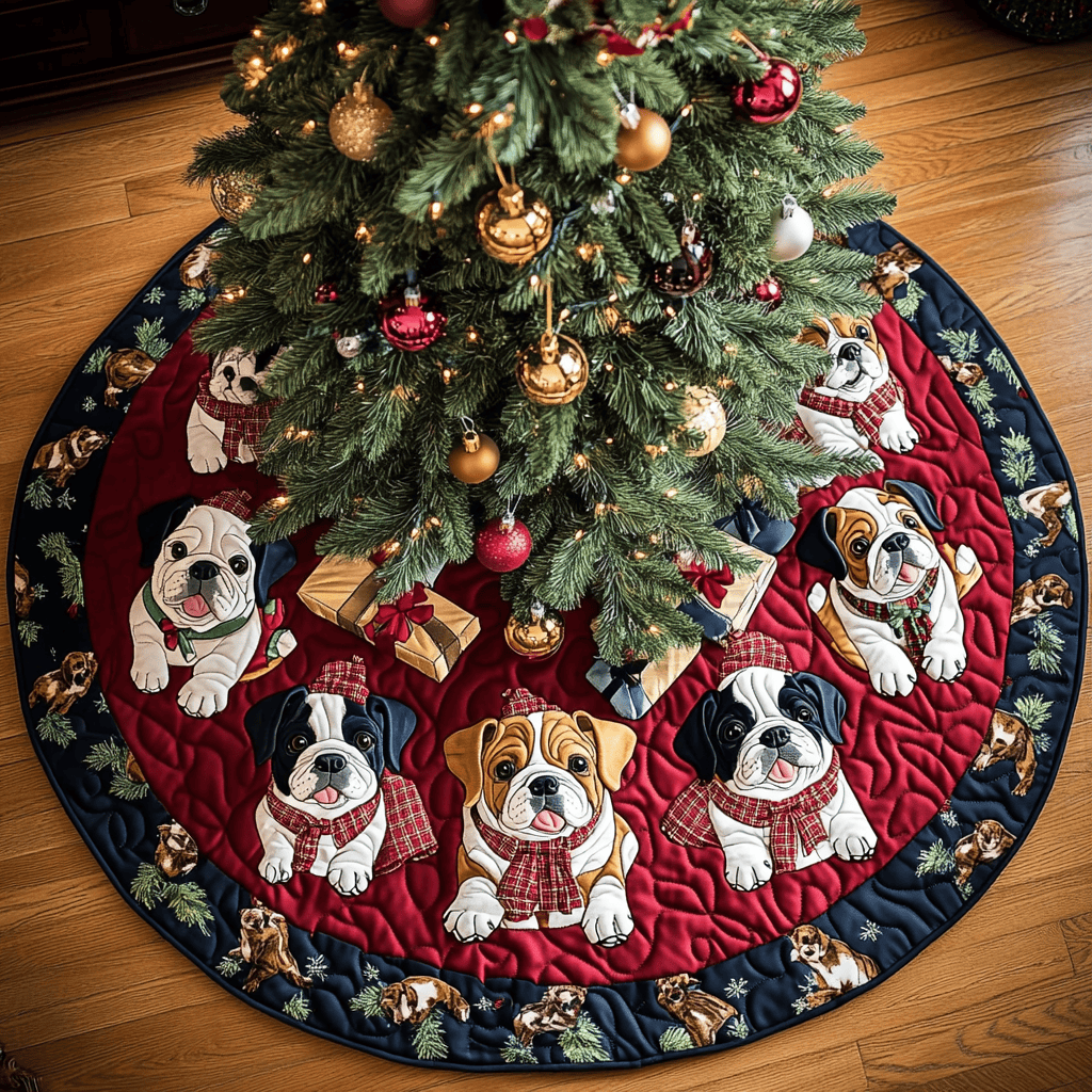 Bulldog Noel Christmas Quilted Tree Skirt Heartwarming Christmas Tree Skirt Gift for Loved Ones