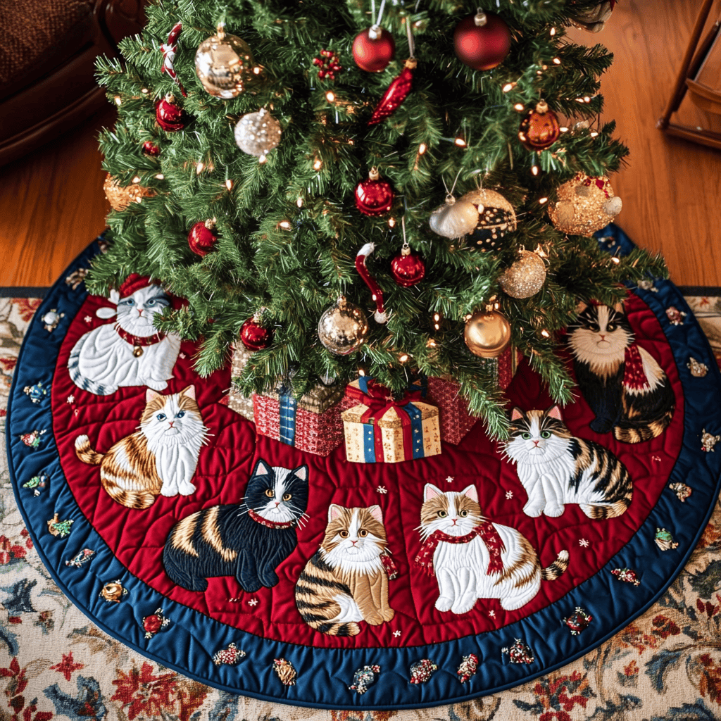 Cat Gathering Christmas Quilted Tree Skirt Custom Christmas Tree Skirt Merch for Your Family