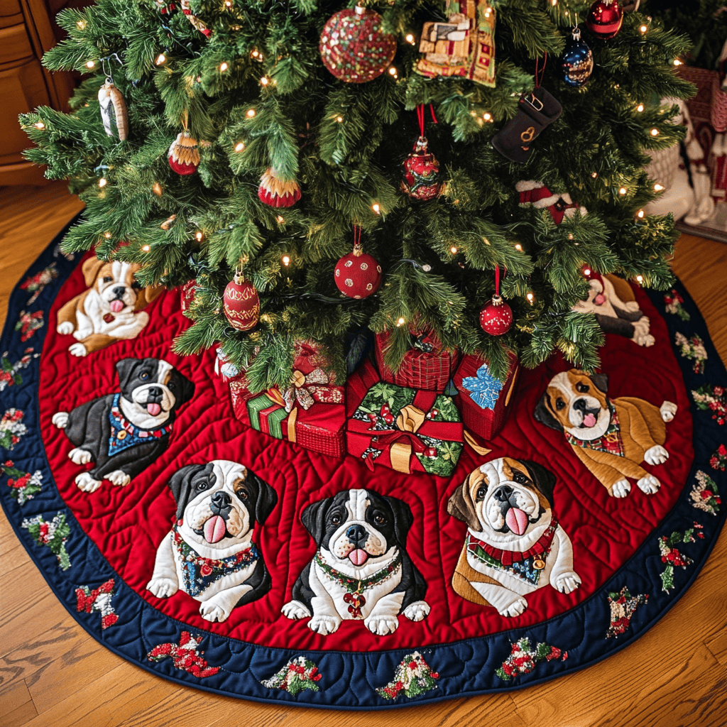 Bulldog Charm Christmas Quilted Tree Skirt Special Holiday Tree Skirt Gift for Newlyweds Custom Christmas Tree Skirt Merch for Your Family Christmas Tree Skirt Gift That Brings Joy