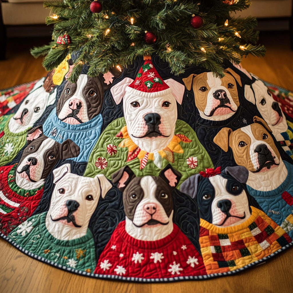 Cheerful Pitbull Pups Quilted Christmas Tree Skirt Heartwarming Christmas Tree Skirt Gift for Loved Ones