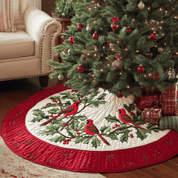 Cardinal Branch Cheer Christmas Quilted Tree Skirt Custom Christmas Tree Skirt Merch for Your Family