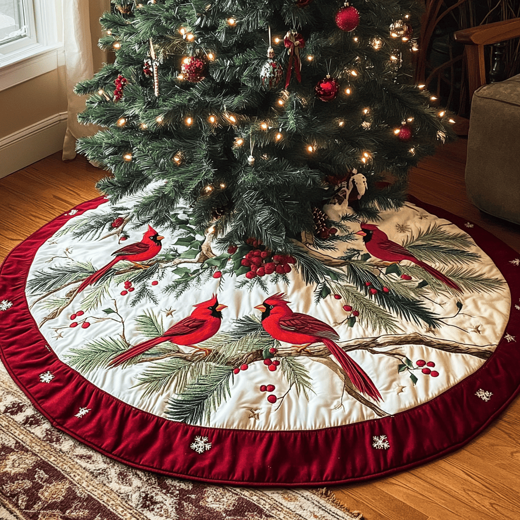 Cardinal Berry Christmas Quilted Tree Skirt Special Holiday Tree Skirt Gift for Newlyweds