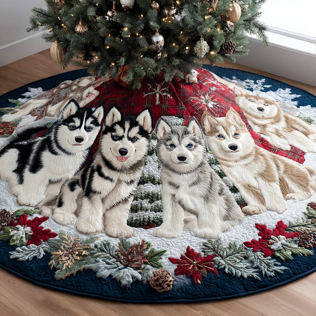 Christmas Husky Night Quilted Christmas Tree Skirt Perfect Holiday Gift for Home Decor Lovers