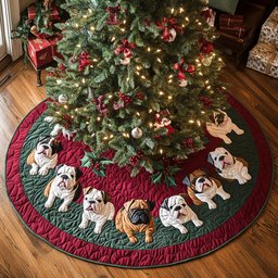 Bulldog Sleigh Ride Quilted Christmas Tree Skirt Popular Gift Merch for Christmas Enthusiasts