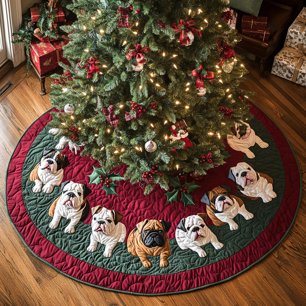 Bulldog Sleigh Ride Quilted Christmas Tree Skirt Popular Gift Merch for Christmas Enthusiasts