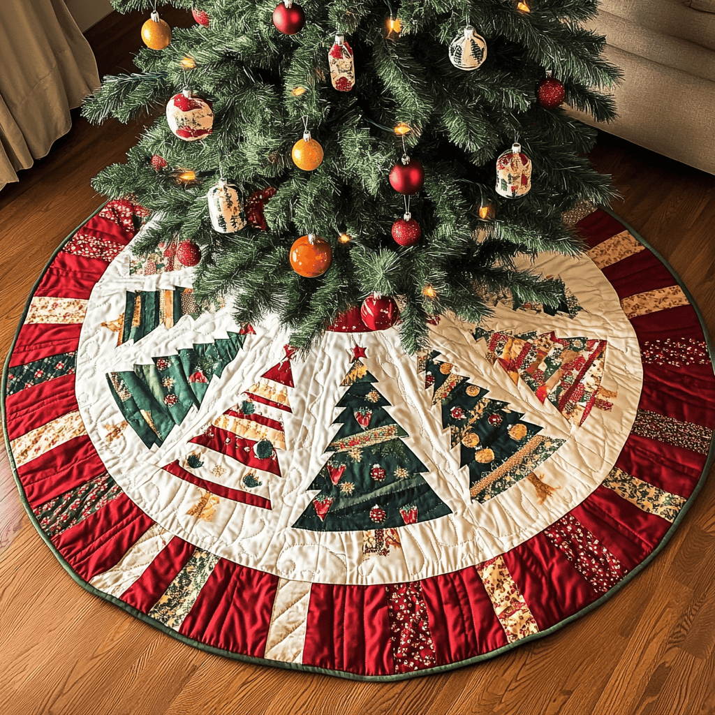 Festive Fir Christmas Quilted Tree Skirt Popular Gift Merch for Christmas Enthusiasts
