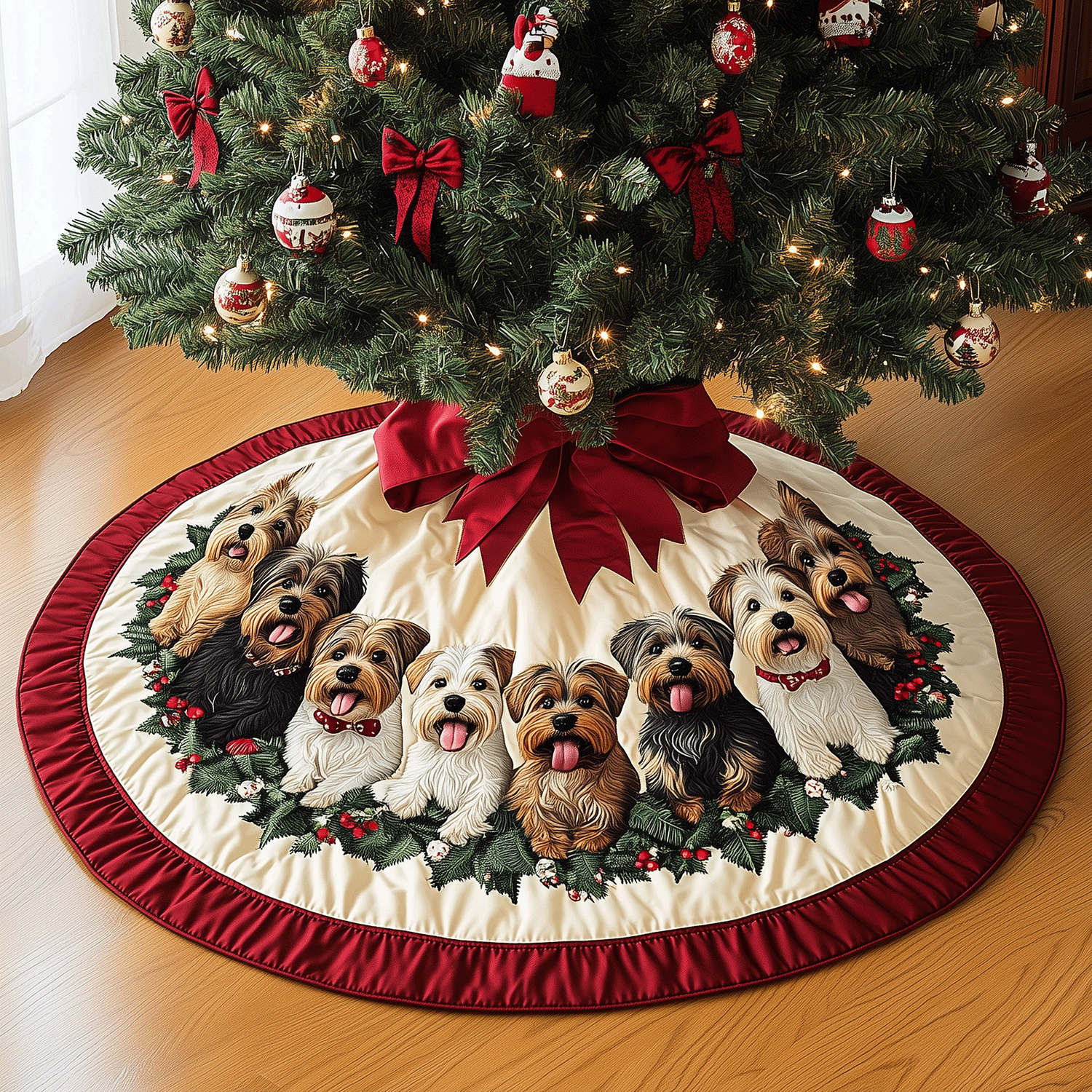 Festive Yorkie Circle Quilted Christmas Tree Skirt Charming Tree Skirt for Family Gatherings