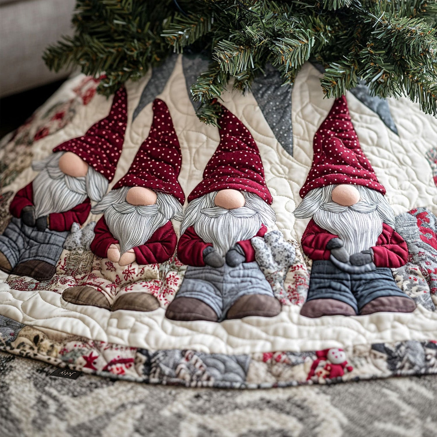 Cozy Gnome Haven Quilted Christmas Tree Skirt Special Holiday Tree Skirt Gift for Newlyweds