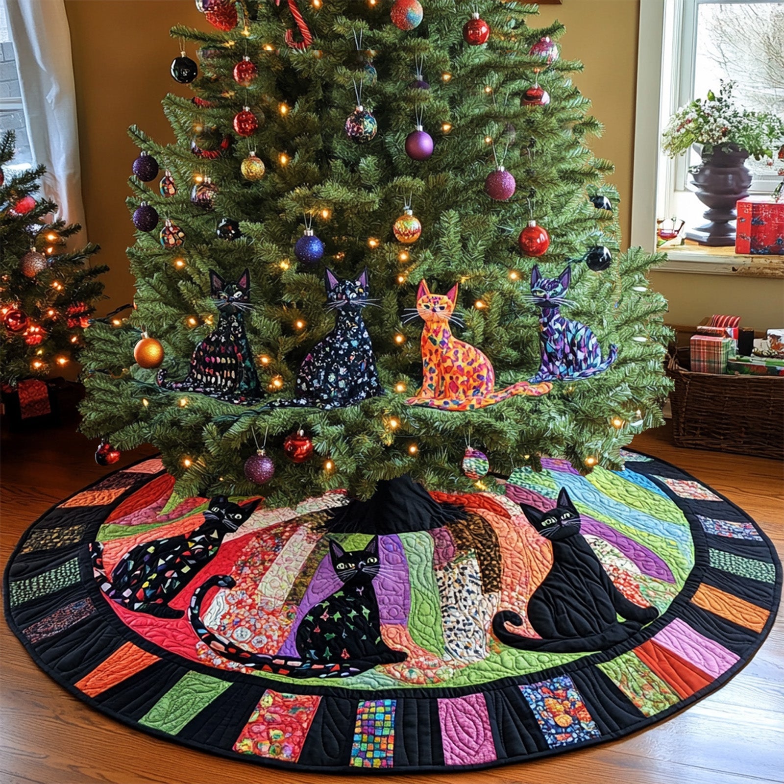 Evening Cats Quilted Christmas Tree Skirt Adorable Holiday Tree Skirt for Cozy Spaces