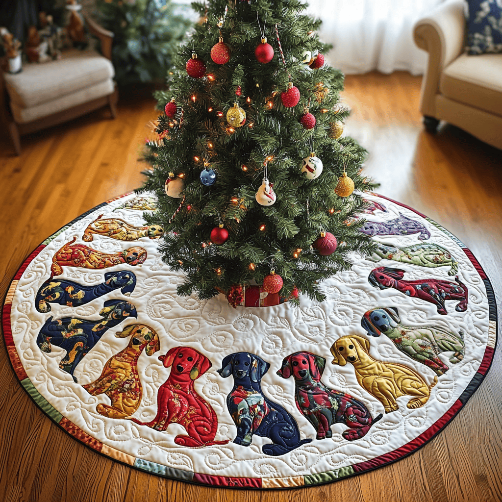 Dachshund Colorful Christmas Chritstmas Quilted Tree Skirt Lovely Holiday Tree Skirt for Festive Vibes