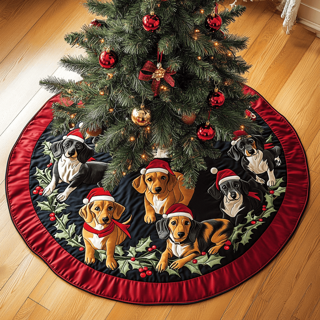 Dachshunds Gathering Christmas Quilted Tree Skirt Unique Holiday Gift Merch for Family Homes