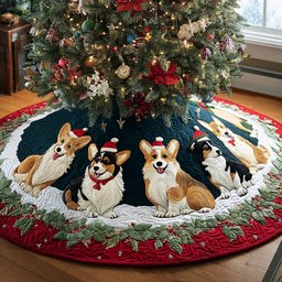 Festive Corgi Parade Quilted Christmas Tree Skirt Exclusive Holiday Tree Skirt Gift for Families