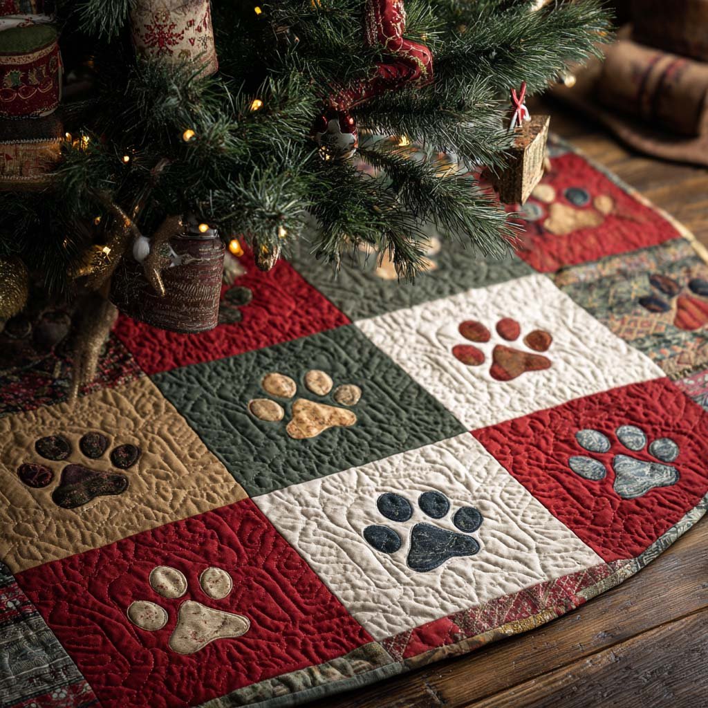 Festive Paws Christmas Quilted Tree Skirt Luxury Christmas Tree Skirt for Elegant Homes