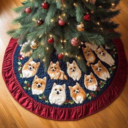 Fluffy Pomeranian Christmas Quilted Tree Skirt Charming Tree Skirt for Family Gatherings