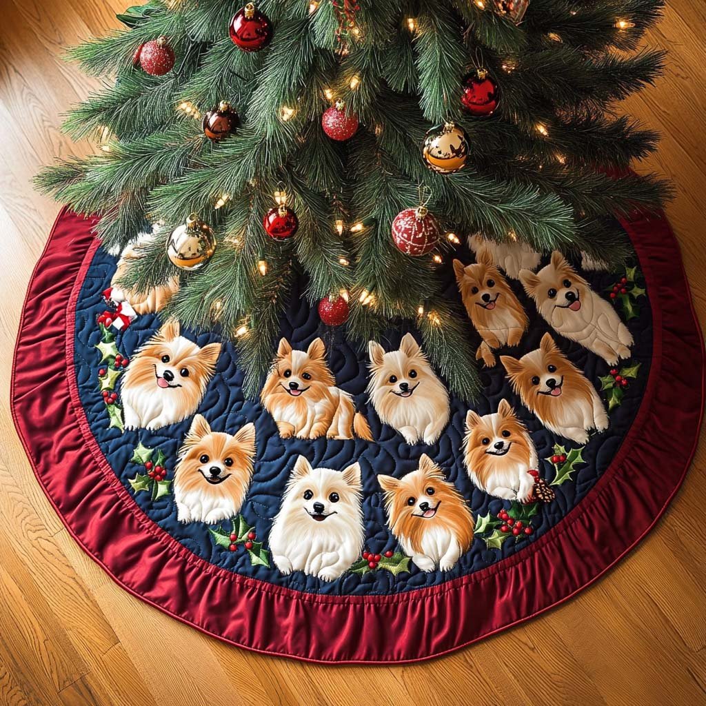 Fluffy Pomeranian Christmas Quilted Tree Skirt Charming Tree Skirt for Family Gatherings
