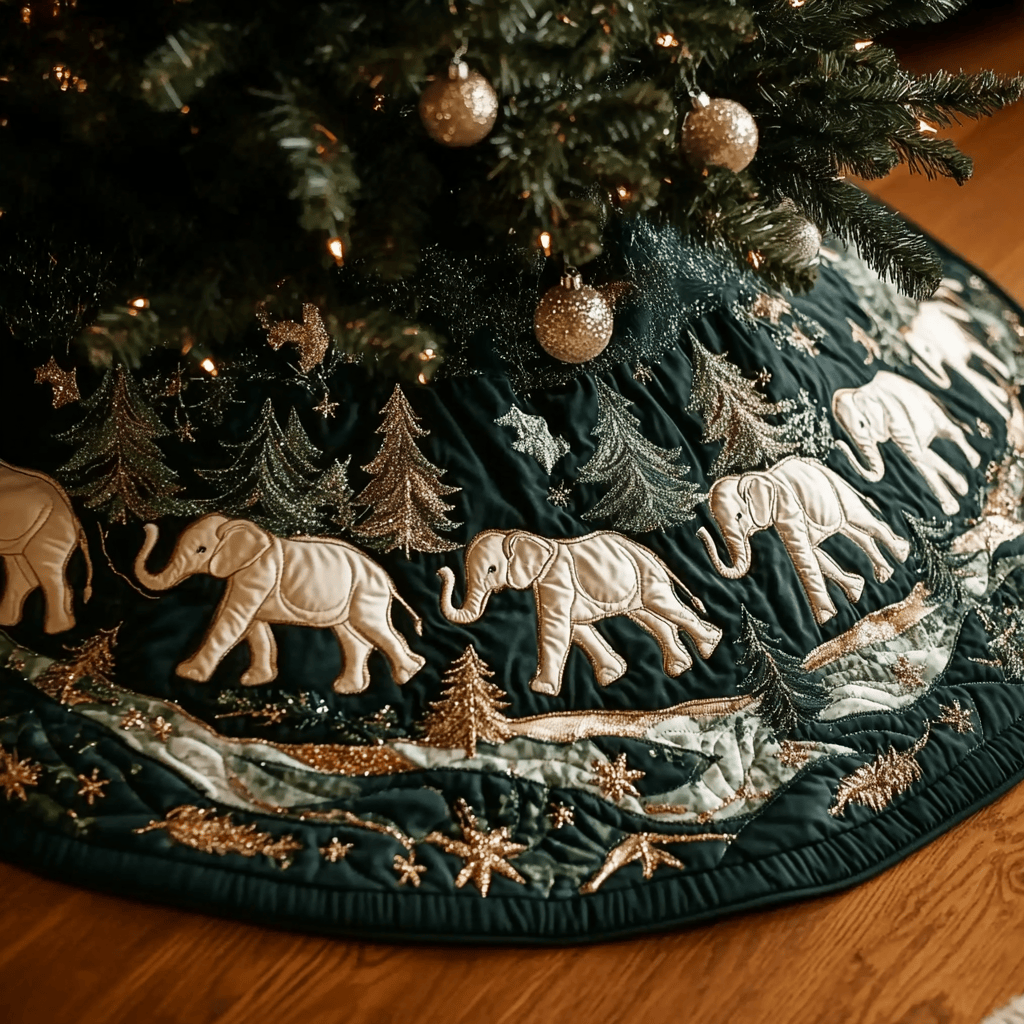 Elephant Parade Christmas Quilted Tree Skirt Classic Red and White Tree Skirt for Traditional Decor