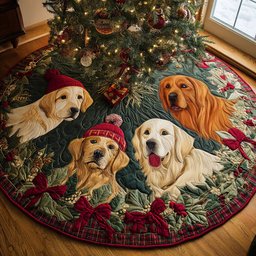 Festive Golden Retriever Quilted Christmas Tree Skirt Adorable Holiday Tree Skirt for Cozy Spaces Heartwarming Christmas Tree Skirt Gift for Loved Ones