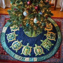 Colorful Turtles Christmas Quilted Tree Skirt Meaningful Christmas Gift to Warm the Heart