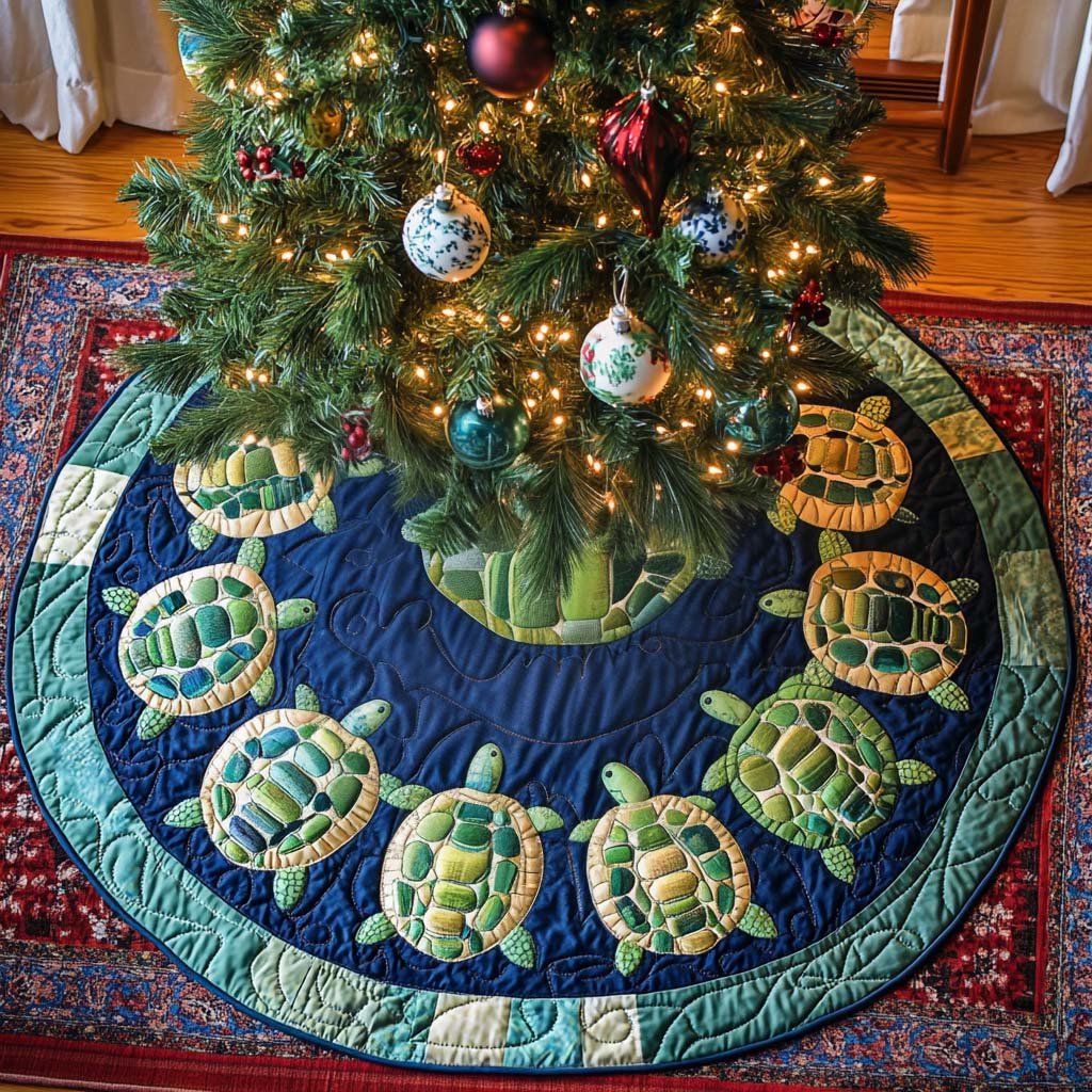 Colorful Turtles Christmas Quilted Tree Skirt Meaningful Christmas Gift to Warm the Heart