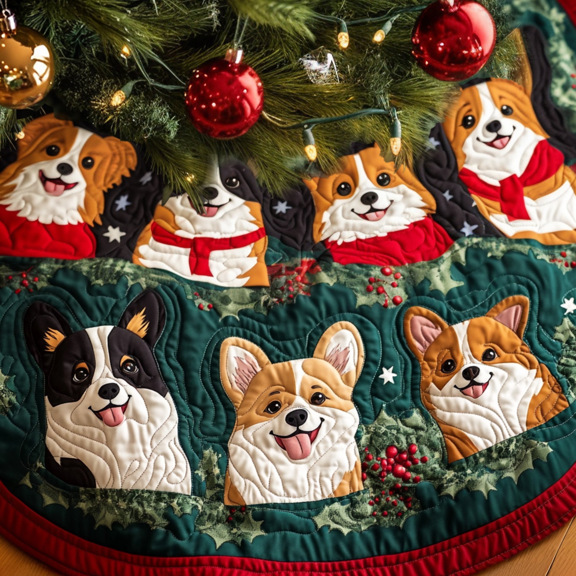 Corgi Yuletide Charm Quilted Christmas Tree Skirt Lovely Gift Merch for a Festive Home