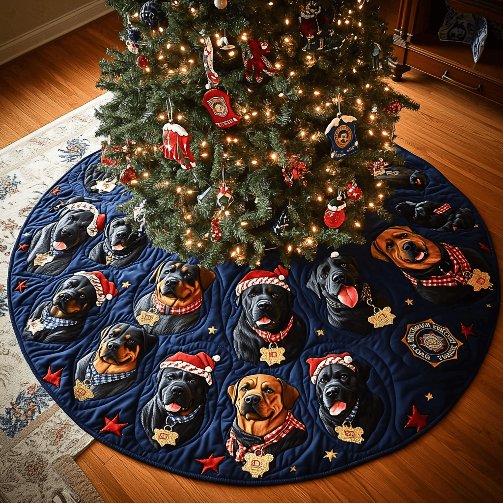 Festive Rottie Proud Christmas Quilted Tree Skirt Charming Tree Skirt for Family Gatherings