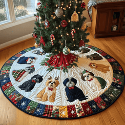 Festive Shih Tzu Joy Christmas Quilted Tree Skirt Seasonal Gift Merch for Festive Homes