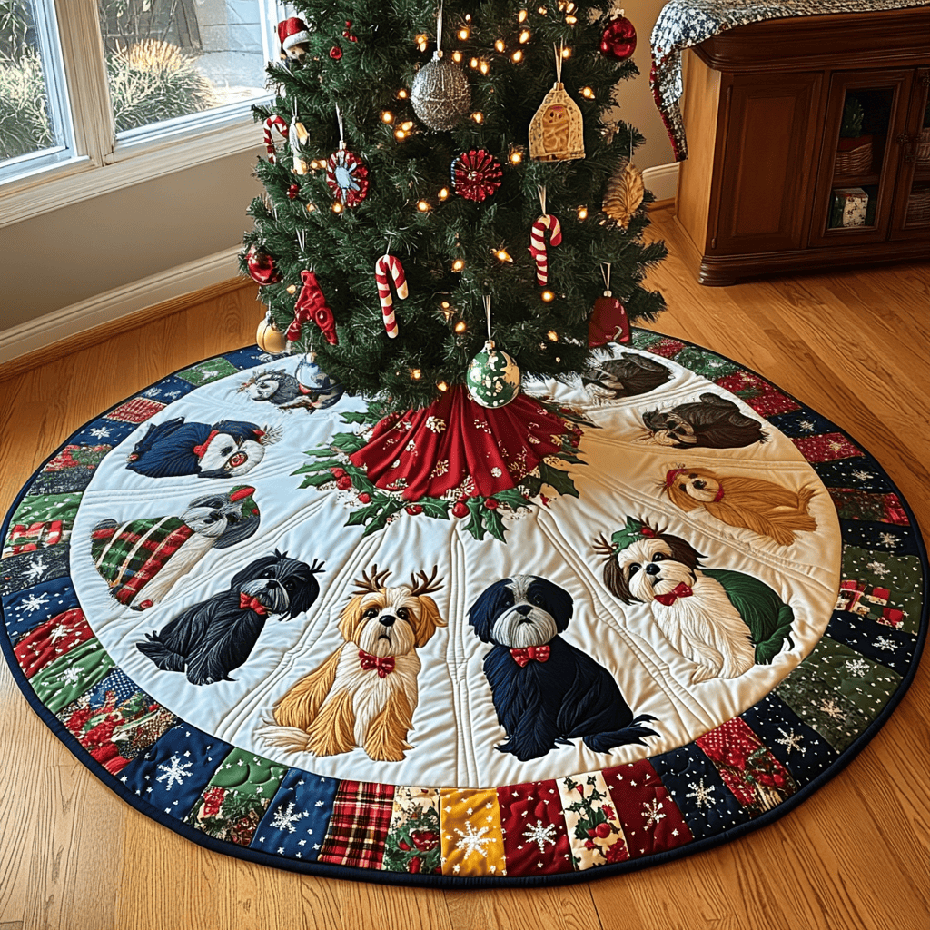 Festive Shih Tzu Joy Christmas Quilted Tree Skirt Seasonal Gift Merch for Festive Homes