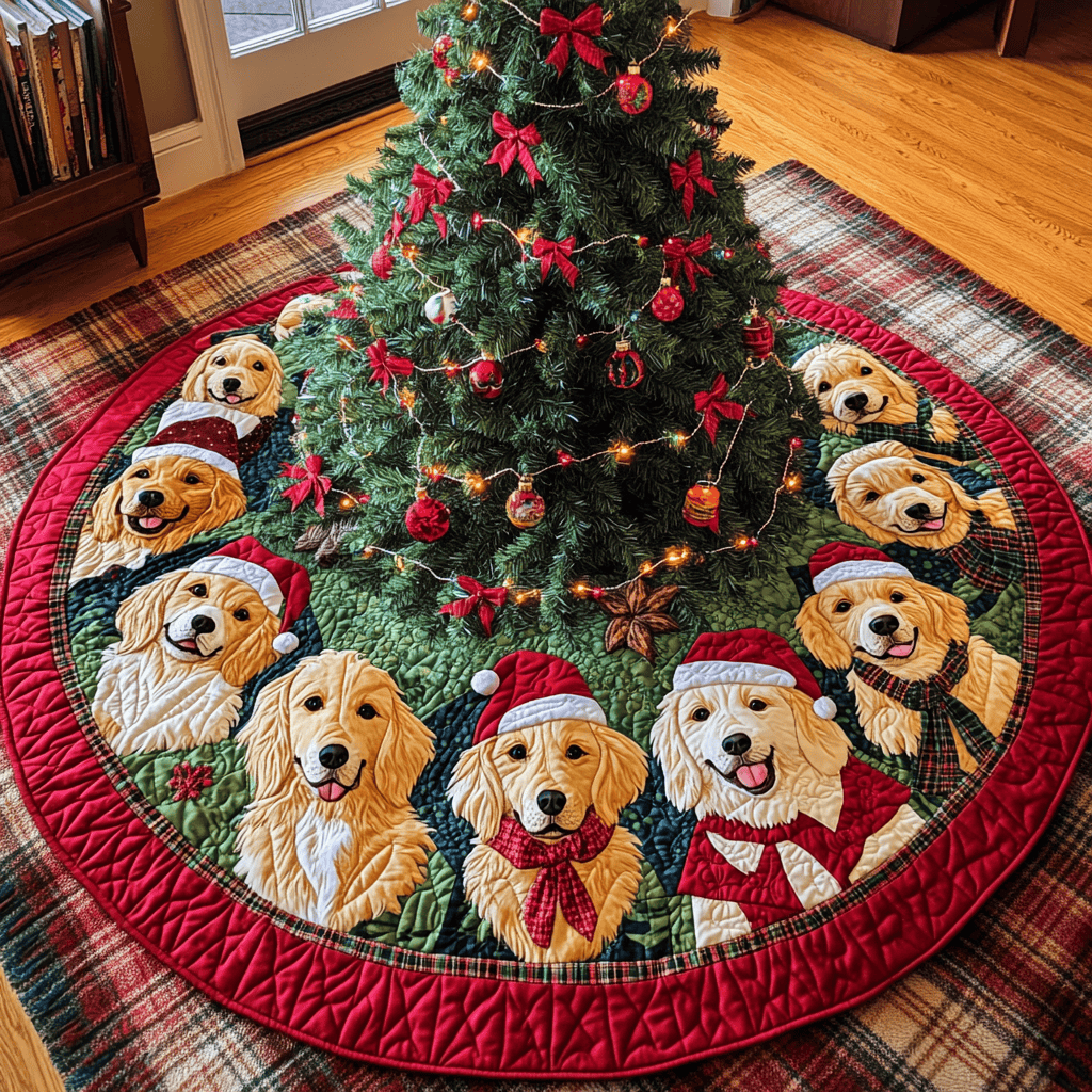 Golden Retriever Christmas Joy Chritstmas Quilted Tree Skirt Special Holiday Tree Skirt Gift for Newlyweds