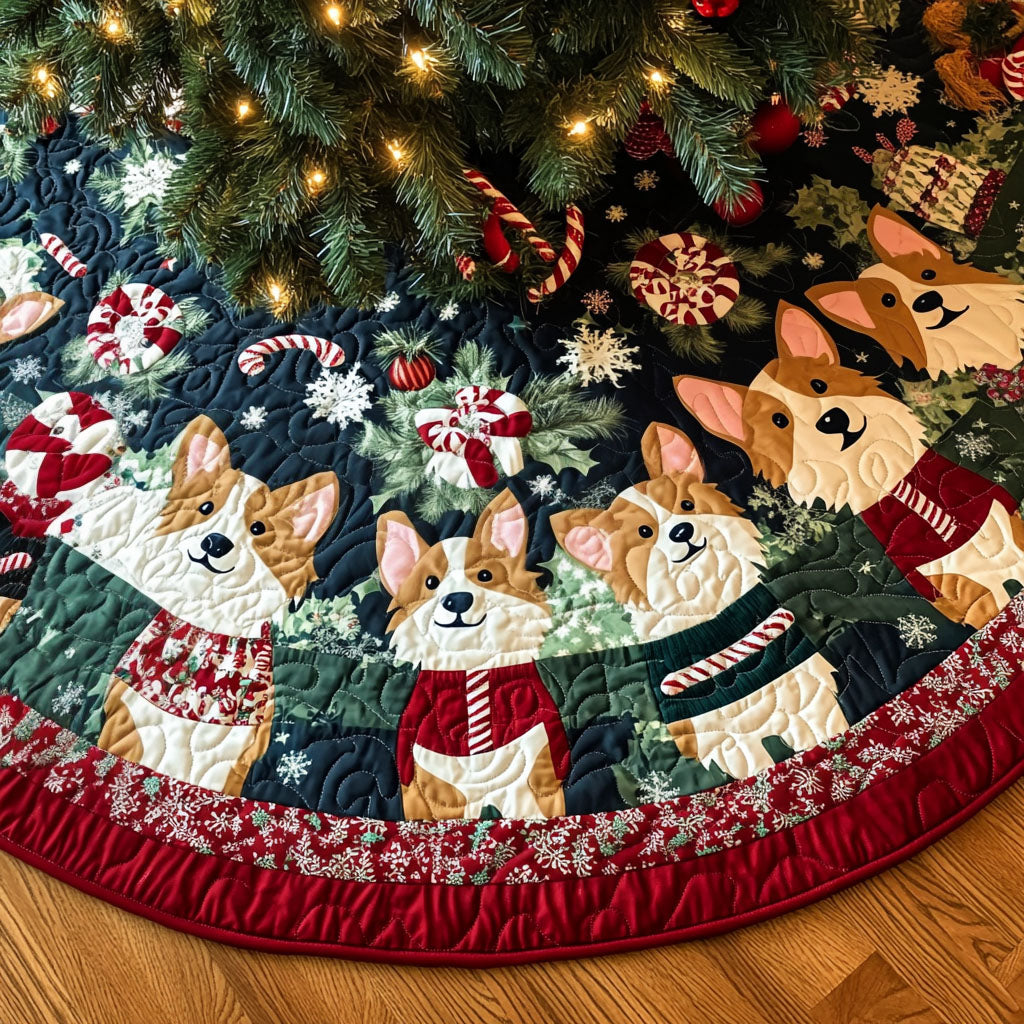 Holiday Corgi Gathering Quilted Christmas Tree Skirt Must Have Holiday Merch for Christmas Decor