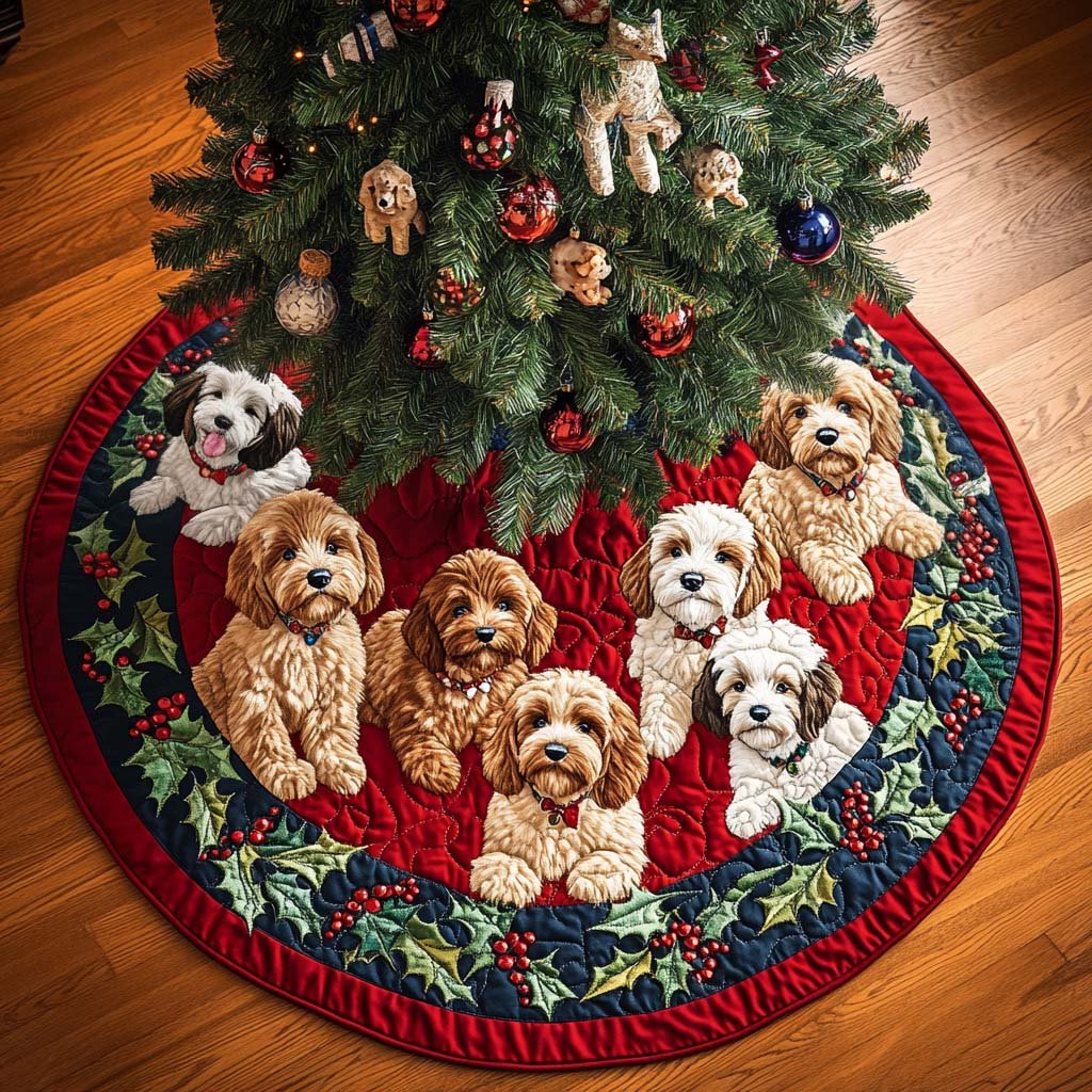 Happy Labradoodle Christmas Quilted Tree Skirt Adorable Holiday Tree Skirt for Cozy Spaces