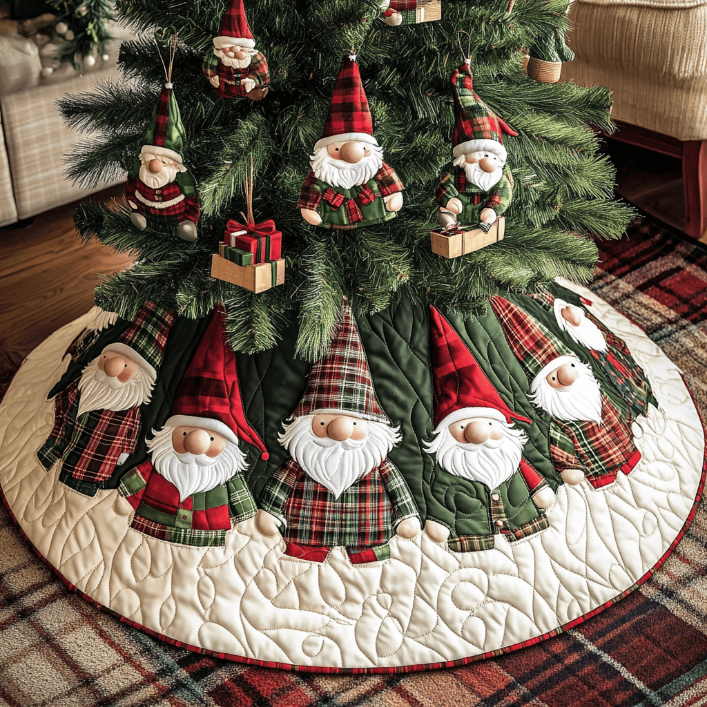 Gnome Christmas Spirit Christmas Quilted Tree Skirt Adorable Holiday Tree Skirt for Cozy Spaces