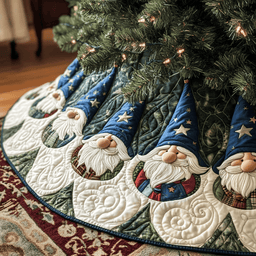 Gnome Merriment Quilted Christmas Tree Skirt Classic Red and White Tree Skirt for Traditional Decor