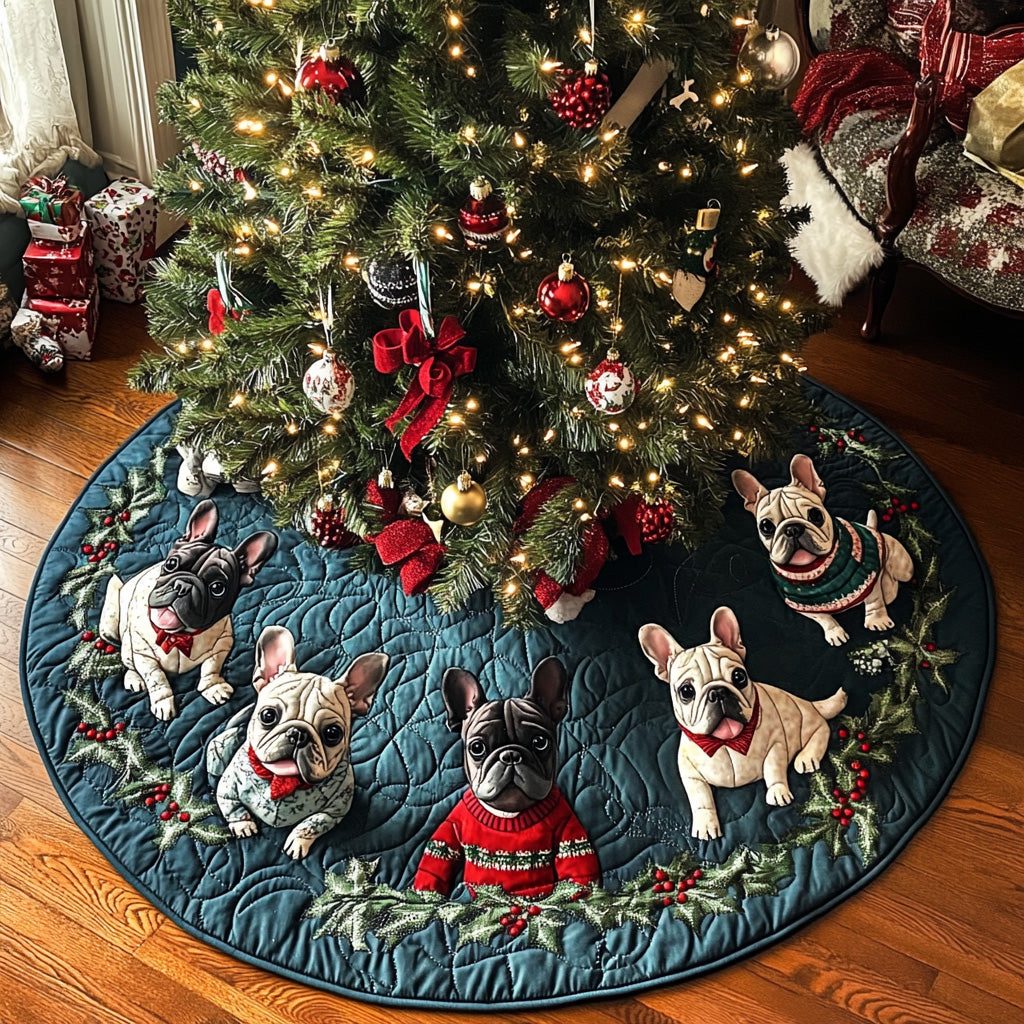 Frenchie Noel Magic Quilted Christmas Tree Skirt Heartwarming Christmas Tree Skirt Gift for Loved Ones
