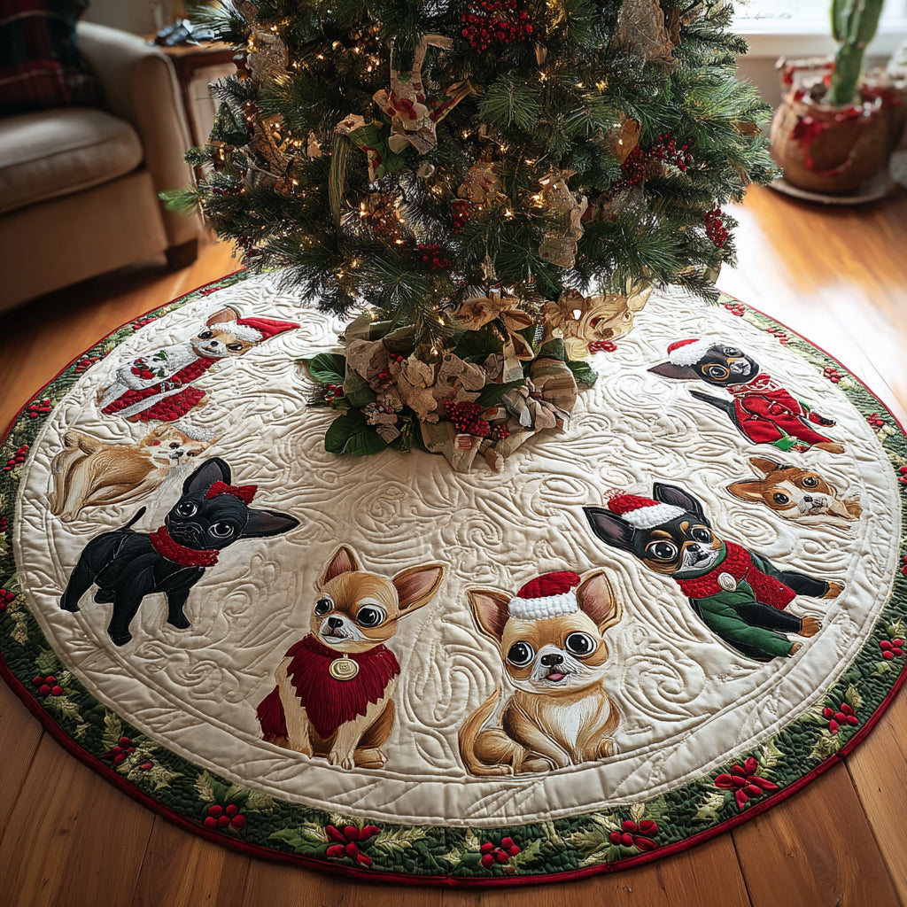 Jolly Chihuahua Quilted Christmas Tree Skirt Special Holiday Tree Skirt Gift for Newlyweds Unique Holiday Gift Merch for Family Homes Lovely Gift Merch for a Festive Home