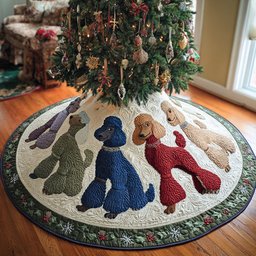 Frosty Poodle Dreams Quilted Christmas Tree Skirt Unique Holiday Gift Merch for Family Homes