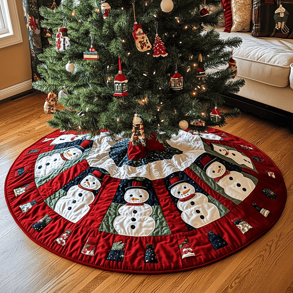 Jolly Snowmen Quilted Christmas Tree Skirt Must Have Holiday Merch for Christmas Decor