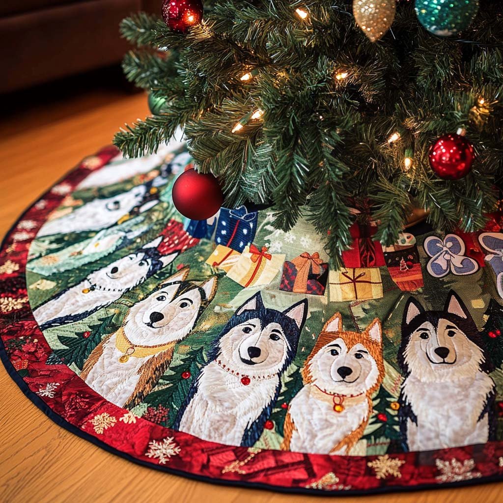 Happy Husky Christmas Quilted Tree Skirt Holiday Merch That Completes Your Christmas Setup