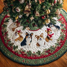 Jolly Corgi Tails Quilted Christmas Tree Skirt Warm and Soft Christmas Tree Skirt for Winter