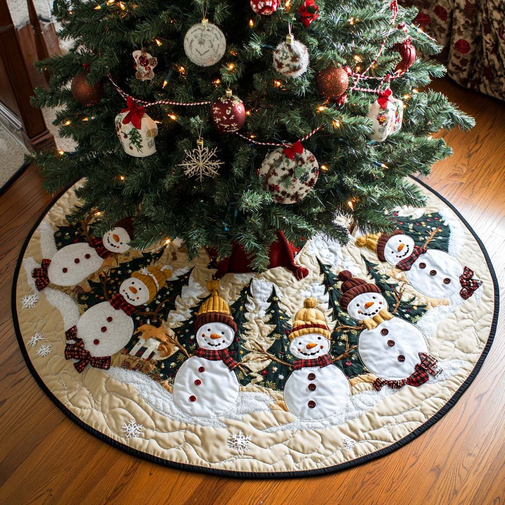 Frosty Friends Christmas Quilted Tree Skirt Unique Holiday Gift Merch for Family Homes