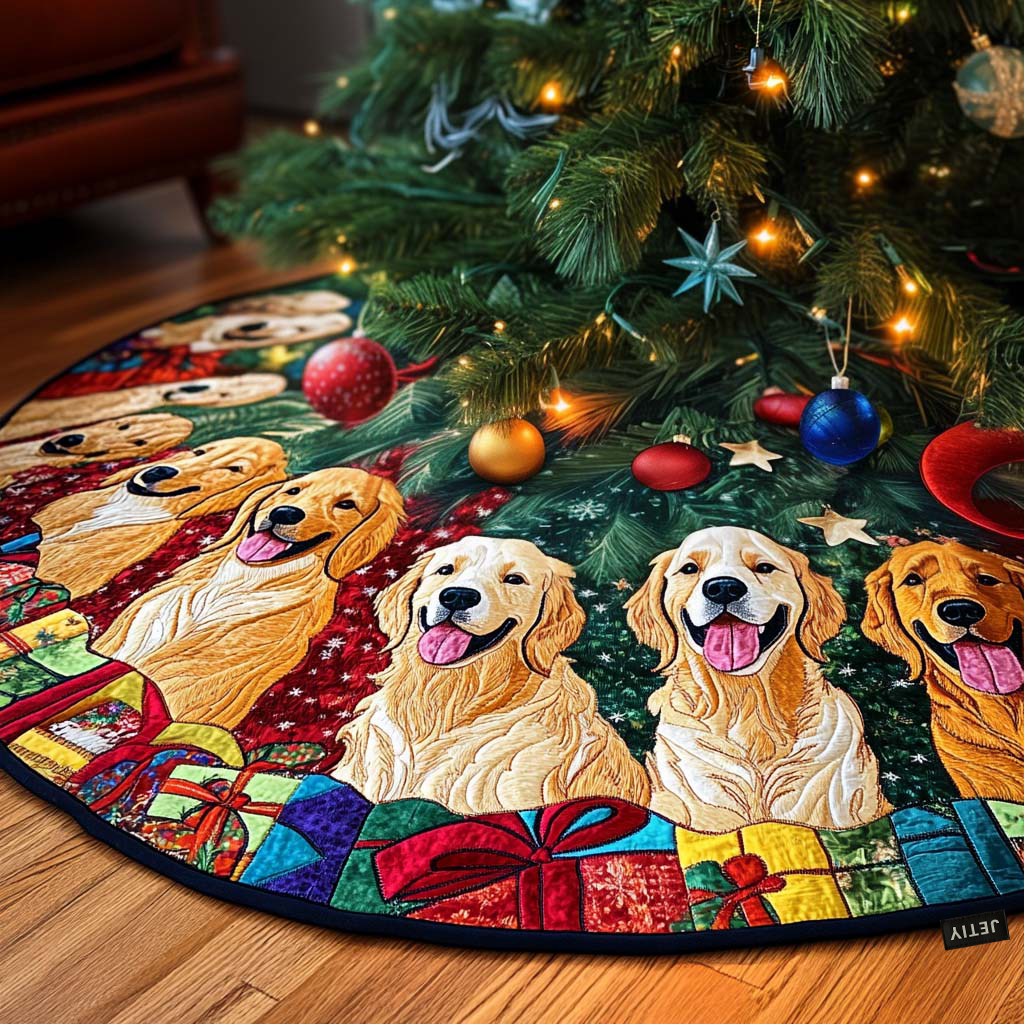 Golden Retriever Christmas Quilted Tree Skirt Lovely Gift Merch for a Festive Home
