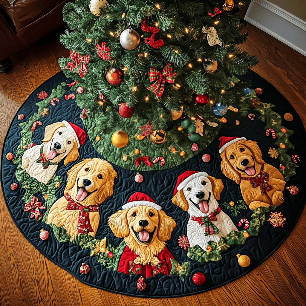 Golden Retriever Candies Christmas Quilted Tree Skirt Must Have Holiday Merch for Christmas Decor