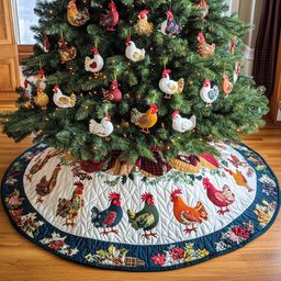 Holiday Roosters Delight Christmas Quilted Tree Skirt Special Holiday Tree Skirt Gift for Newlyweds